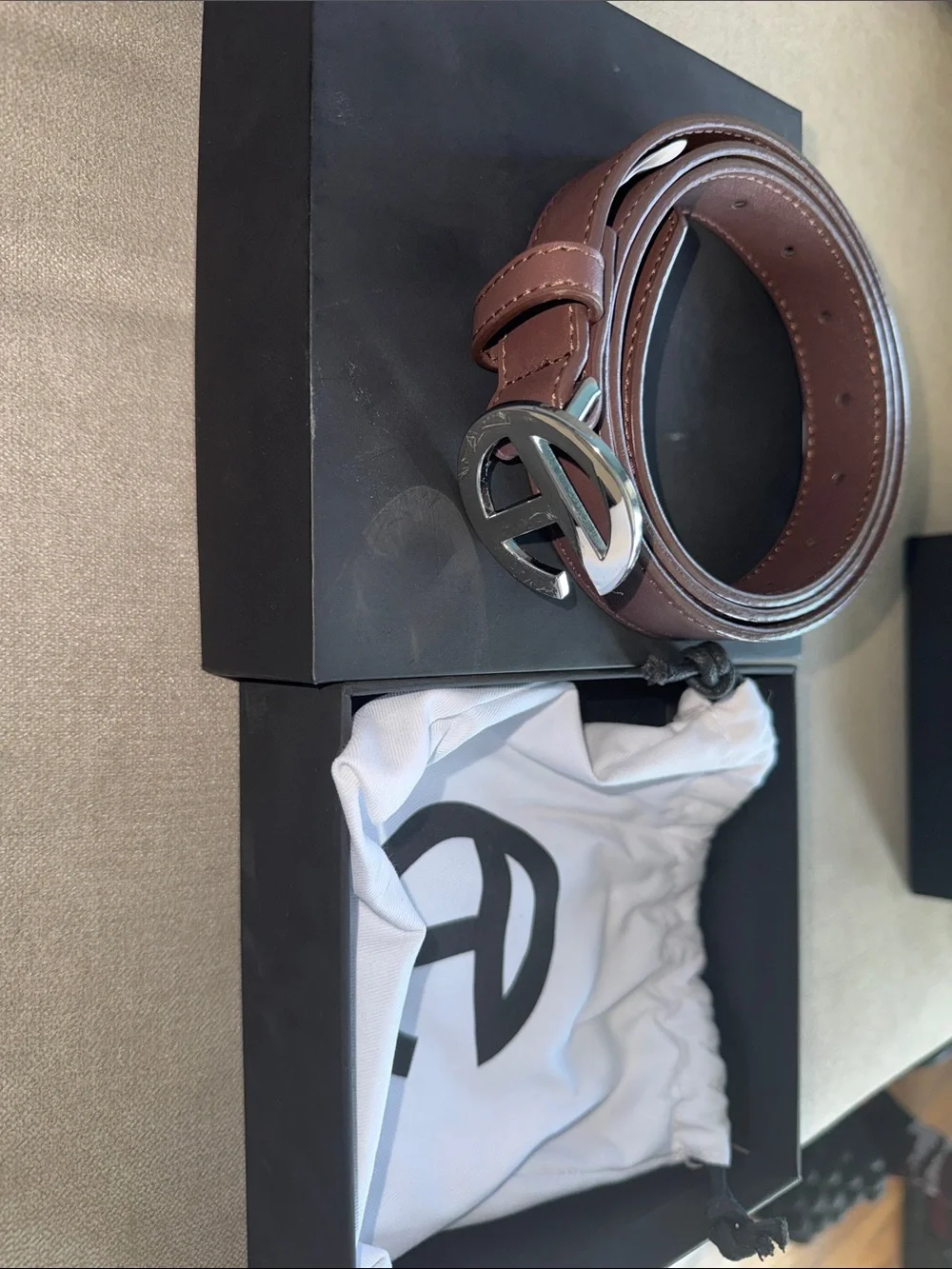 Telfar Brown Leather Belt with Silver Logo Buckle